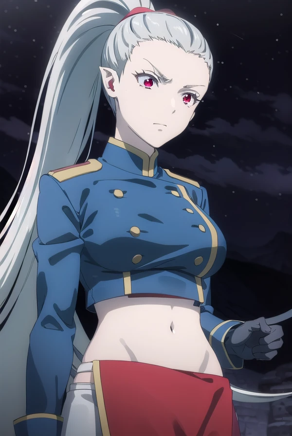 kemonorose, <lora:kemono rose s1-lora-nochekaiser:1>,
rose, long hair, (red eyes:1.3), very long hair, ponytail, grey hair, pointy ears, high ponytail,
BREAK skirt, gloves, navel, midriff, uniform, crop top, military, military uniform, blue jacket, side slit, long skirt,
BREAK outdoors, forest,
BREAK looking at viewer, (cowboy shot:1.5), dynamic pose,
BREAK <lyco:GoodHands-beta2:1>, (masterpiece:1.2), best quality, high resolution, unity 8k wallpaper, (illustration:0.8), (beautiful detailed eyes:1.6), extremely detailed face, perfect lighting, extremely detailed CG, (perfect hands, perfect anatomy),