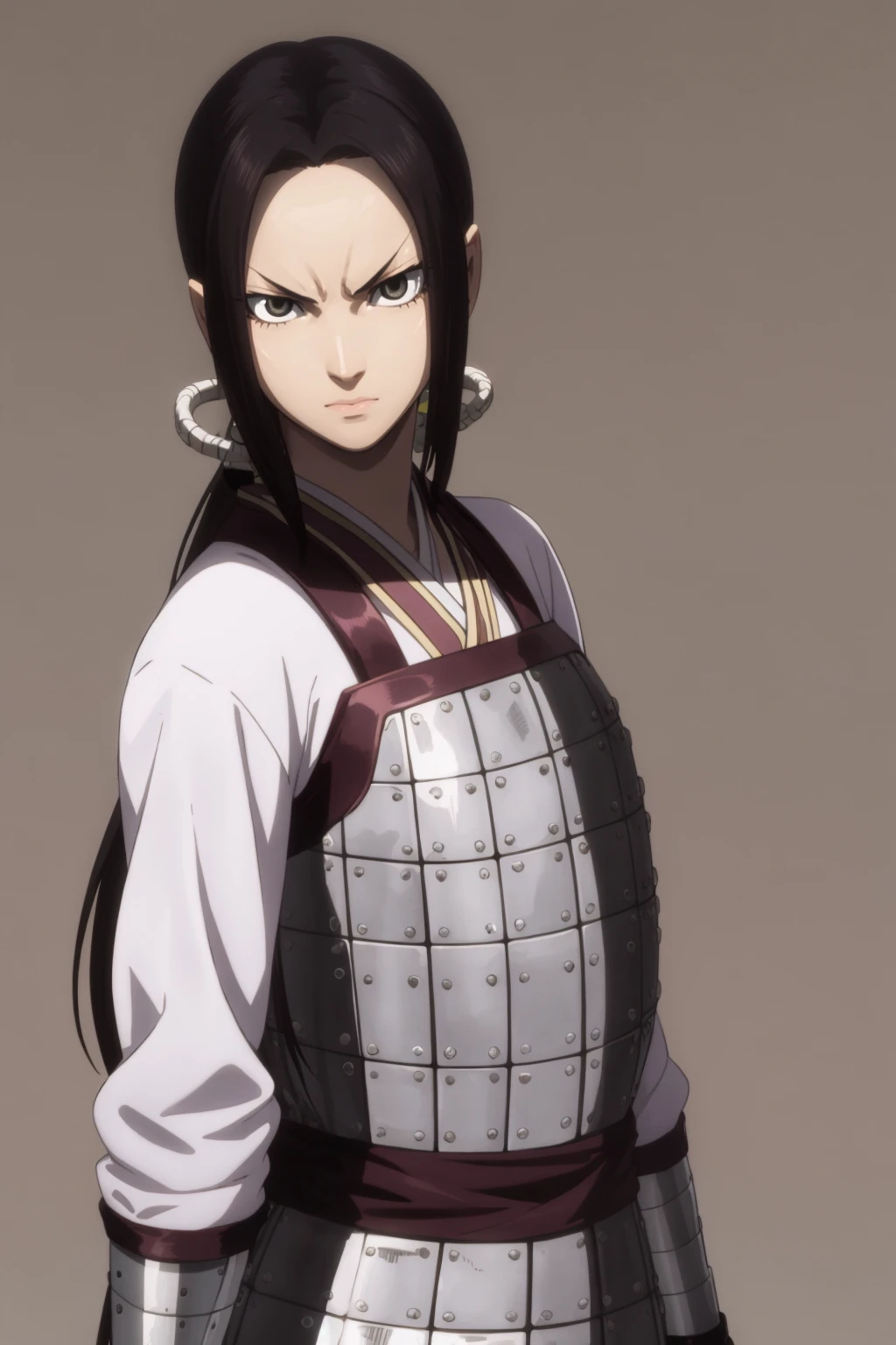 masterpiece, best quality,
1girl, kaine, black hair, long hair, low ponytail, black eyes, long sleeves, armor,
serious, looking at viewer, solo, upper body, standing, solo, simple background <lora:Kaine:1>