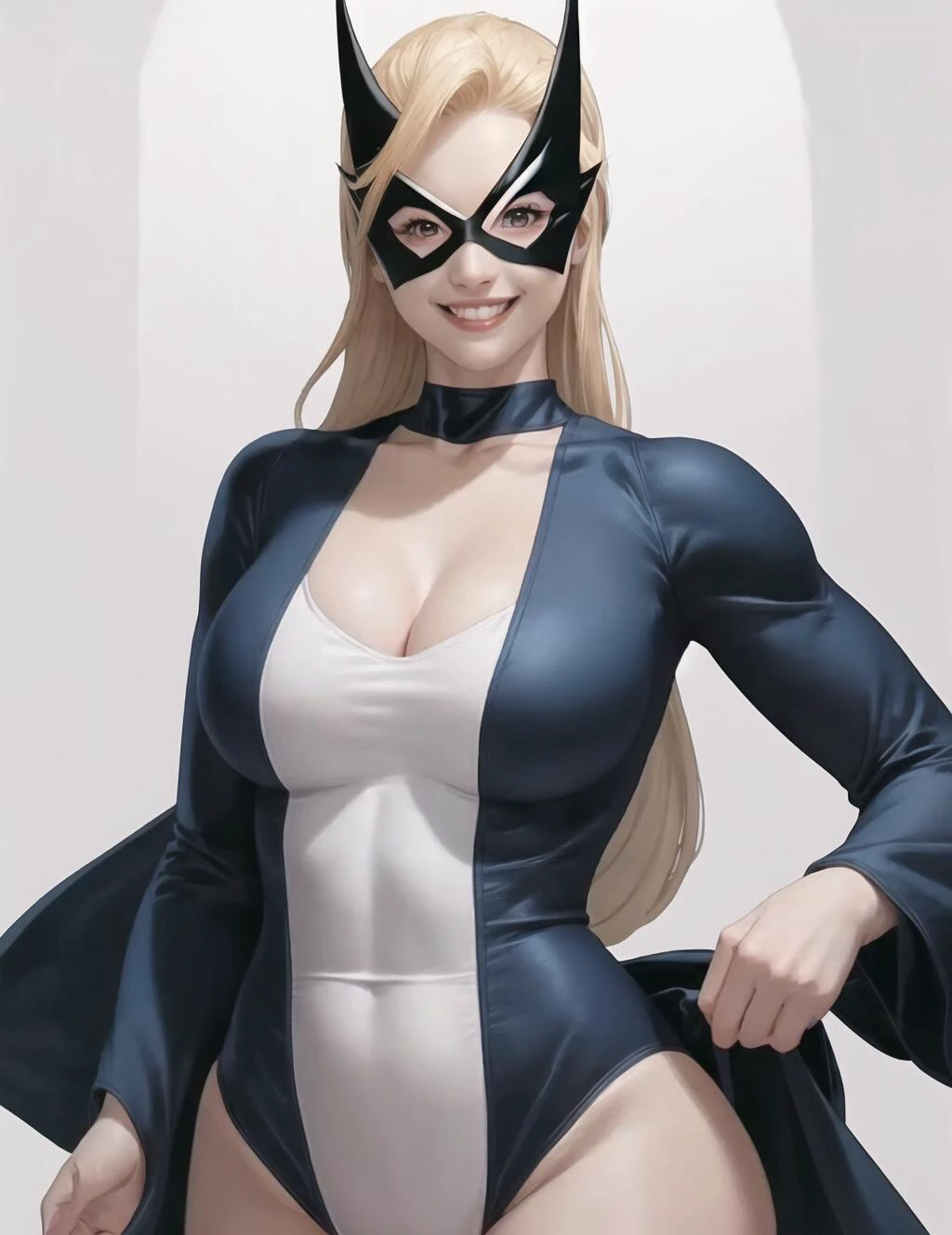 ms.barton, leotard, domino mask, solo, breasts, long hair, medium breasts, smile, superhero, cleavage, large breasts, white background, wide sleeves, <lora:Mockingbird-000012:0.7>,photorealistic,