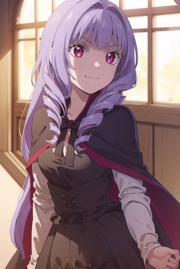 joannajoannascoreadorianuljika, <lora:joanna joannascore adorian uljika s1-lora-nochekaiser:1>,
joanna joannascore adorian uljika, long hair, bangs, (red eyes:1.3), purple hair, hair intakes, drill hair, bangs, smile,
BREAK dress, ribbon, black dress, capelet, frills, long sleeves,
BREAK indoors, castle,
BREAK looking at viewer, (cowboy shot:1.5), dynamic pose,
BREAK <lyco:GoodHands-beta2:1>, (masterpiece:1.2), best quality, high resolution, unity 8k wallpaper, (illustration:0.8), (beautiful detailed eyes:1.6), extremely detailed face, perfect lighting, extremely detailed CG, (perfect hands, perfect anatomy),
