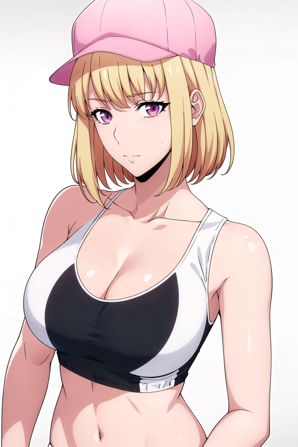 Simple White Background,
dynamic pose,standing at attention,
white sports bra top, bare shoulders, collarbone, cleavage,
<lora:Cha_Hae_In_SoloLeveling-KK77-V1:0.7>,Pink Hat,
Pink eyes, blonde hair, bangs,short hair,
<lora:Oda_Non_Style-KK77-V2:0.3>,<lora:more_details:0.1>,
1 girl, 20yo,Young female,Beautiful long legs,Beautiful body,
Beautiful Nose,Beautiful character design, perfect eyes, perfect face,expressive eyes,perfect balance,
looking at viewer,(Focus on her face),closed mouth, (innocent_big_eyes:1.0),(Light_Smile:0.3),
official art,extremely detailed CG unity 8k wallpaper, perfect lighting,Colorful, Bright_Front_face_Lighting,White skin,
(masterpiece:1.0),(best_quality:1.0), ultra high res,4K,ultra-detailed,
photography, 8K, HDR, highres, absurdres:1.2, Kodak portra 400, film grain, blurry background, bokeh:1.2, lens flare, (vibrant_color:1.2),professional photograph,
(Beautiful,large_Breasts:1.4), (beautiful_face:1.5),(narrow_waist),