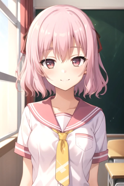 ((masterpiece)),(best quality),official art,extremely detailed CG,unity 8k wallpaper,ultra detailed,beautiful detailed eyes,extremely detailed face,classroom,1girl,solo,upper body,(portrait:1.5),looking at viewer,facing viewer,smile,
Tokiwa Mahiro,short hair,pink hair,hair ribbon,bangs,pink eyes,pink serafuku,pink sailor collar,yellow necktie,short sleeves,medium breasts,miniskirt,pink skirt,pleated skirt,black socks,loafers,<lora:Tokiwa Mahiro(trlu):0.7>,