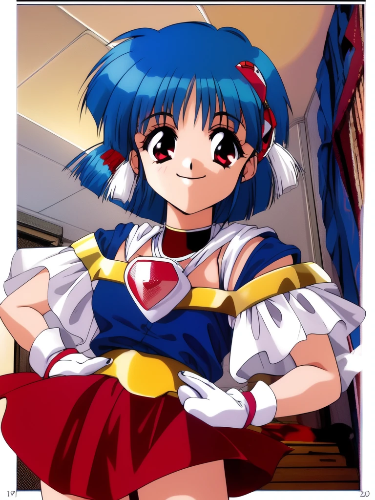 <lora:Sawady:1>, Sawady, 1girl, solo, gloves, smile, 1990s (style), blue hair, retro artstyle, short hair, red eyes, hair ornament, hand on hip, looking at viewer, bangs, skirt, room,
masterpiece, high quality, very_high_resolution, large_filesize, full color,