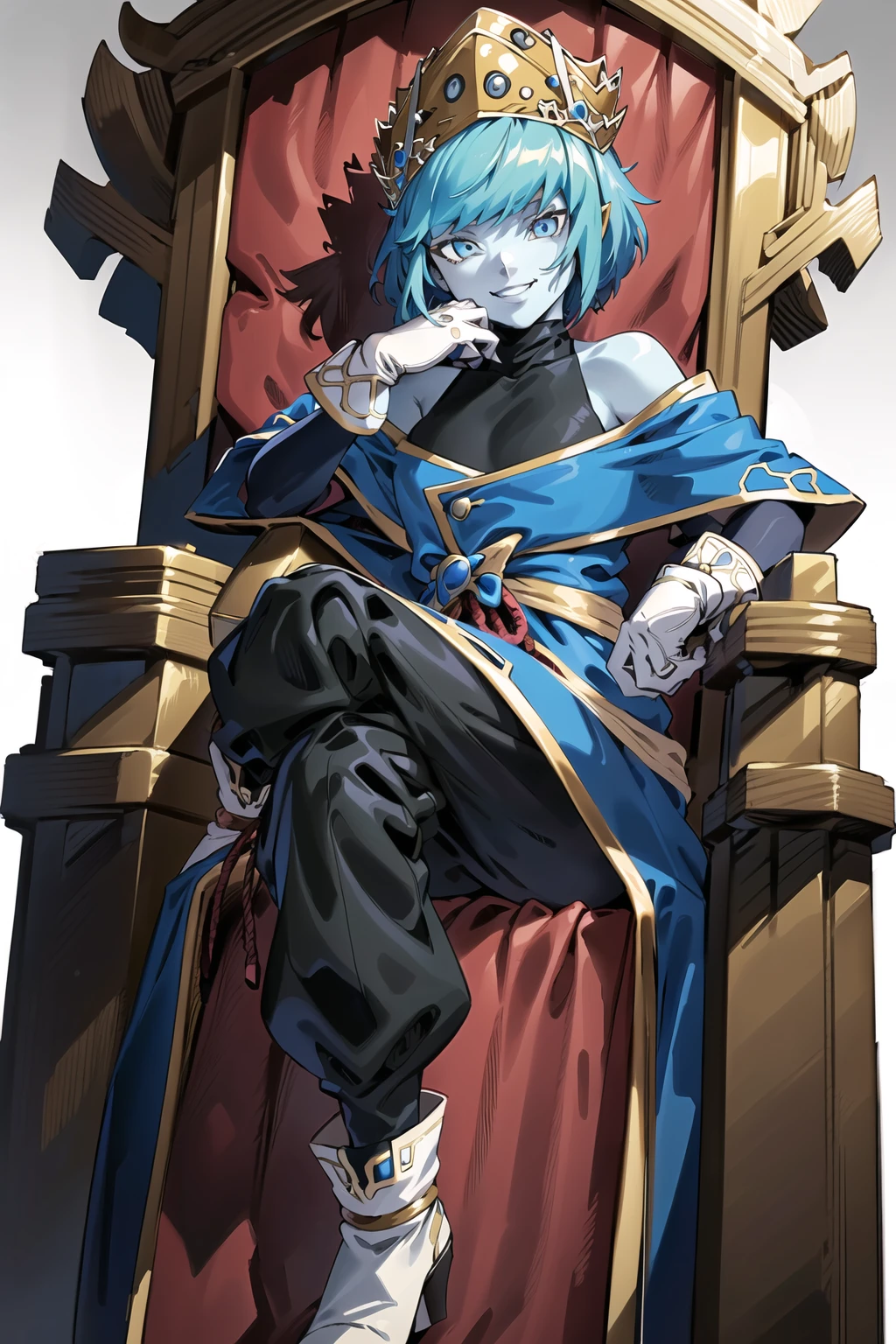 ((best quality)), ((highly detailed)), masterpiece, ((official art)), detailed face, beautiful face, (detailed eyes, deep eyes, intricately detailed,hyperdetailed, blurry background,depth of field,best quality, masterpiece,intricate details,tonemapping, sharp focus, hyper detailed,(cowboy shot:1.1),trending on Artstation ,high res, official art,Aeos, 1girl, short hair, gloves, bare shoulders, blue hair, boots, pants, white gloves, off shoulder, colored skin, turtleneck, crown, blue skin, smile, evil smile, throne, sitting,head rest<lora:EMS-310181-EMS:0.800000>
