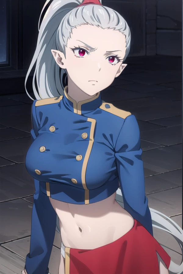 kemonorose, <lora:kemono rose s1-lora-nochekaiser:1>,
rose, long hair, (red eyes:1.3), very long hair, ponytail, grey hair, pointy ears, high ponytail,
BREAK skirt, gloves, navel, midriff, uniform, crop top, military, military uniform, blue jacket, side slit, long skirt,
BREAK outdoors, forest,
BREAK looking at viewer, (cowboy shot:1.5), dynamic pose,
BREAK <lyco:GoodHands-beta2:1>, (masterpiece:1.2), best quality, high resolution, unity 8k wallpaper, (illustration:0.8), (beautiful detailed eyes:1.6), extremely detailed face, perfect lighting, extremely detailed CG, (perfect hands, perfect anatomy),
