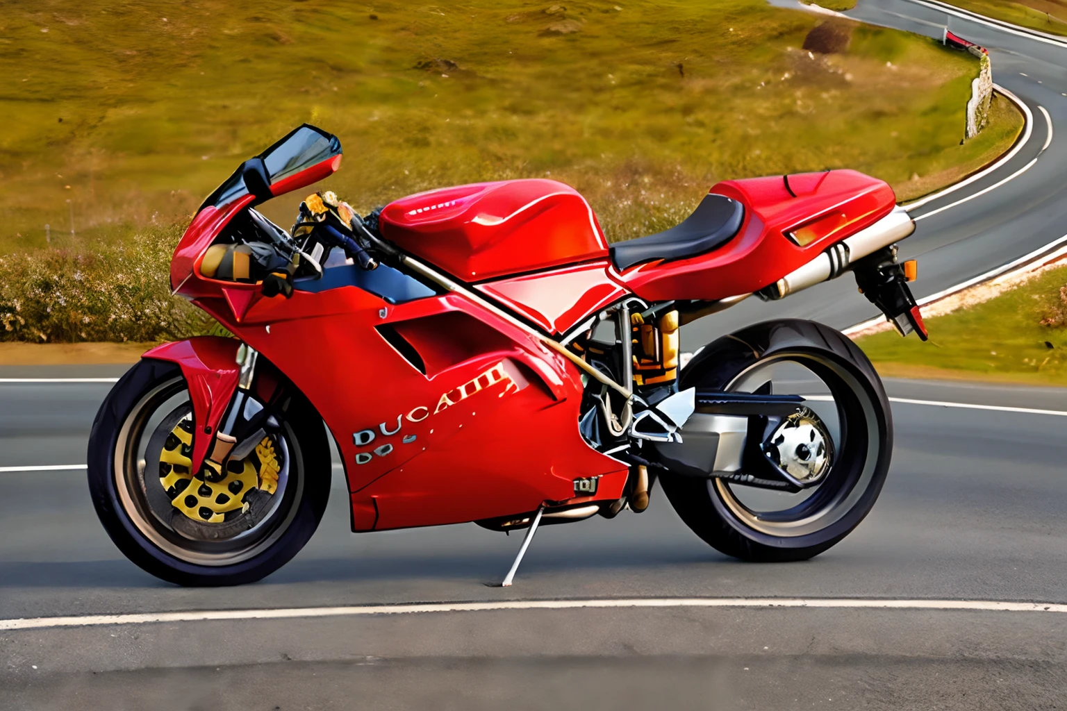 Photo of a red ducati916 parked on a curvy road in the mountains <lora:Ducati_916_by_IMAK:1>