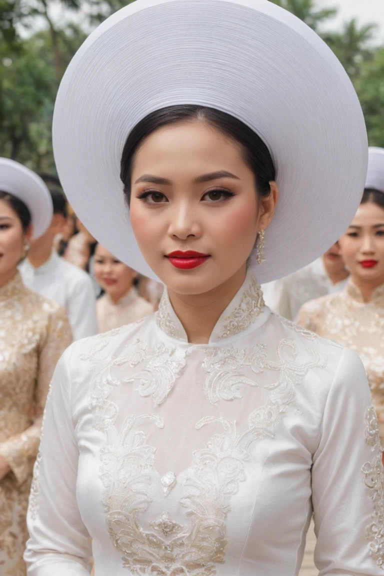 <lora:Vietnamese_disk_hat_XL:1> medium closeup, d1sk_h4t, a beautiful voluptuous woman in a white ao dai, white hat, at her wedding in ho chi minh city, crowd of wedding guests