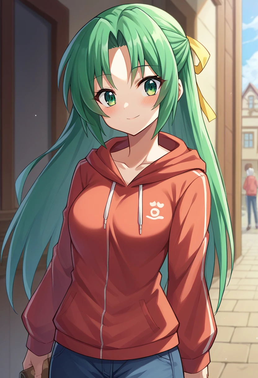 score_9, score_8_up, score_7_up, 1girl, solo, source_anime  BREAK  sonozaki shion, green hair, long hair, green eyes, yellow ribbon,  hoodie,  village,   <lora:SHionAdapt0.5 15-000010:1>