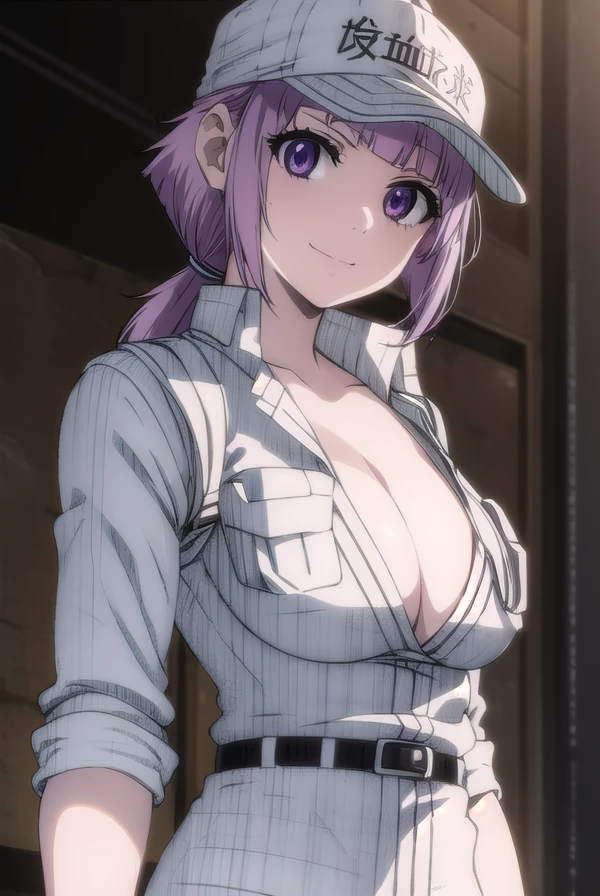 whitebloodcell8787, <lora:white blood cell 8787 s1-lora-nochekaiser:1>,
white blood cell 8787, short hair, bangs, (purple eyes:1.1), purple hair, blunt bangs, ponytail, low ponytail, smile,
BREAK gloves, hat, cleavage, black gloves, belt, fingerless gloves, uniform, white headwear, baseball cap, white pants,
BREAK outdoors,
BREAK looking at viewer, (cowboy shot:1.5), dynamic pose,
BREAK <lyco:GoodHands-beta2:1>, (masterpiece:1.2), best quality, high resolution, unity 8k wallpaper, (illustration:0.8), (beautiful detailed eyes:1.6), extremely detailed face, perfect lighting, extremely detailed CG, (perfect hands, perfect anatomy),