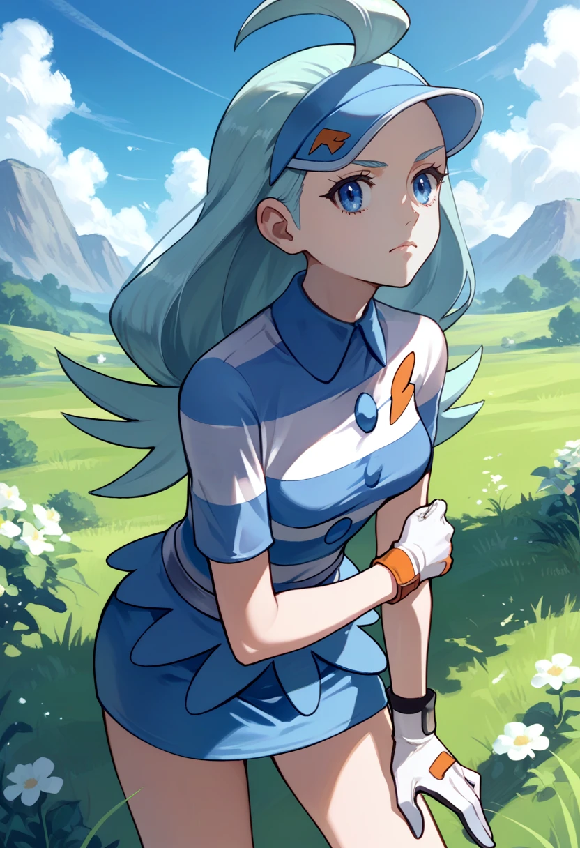 score_9, score_8_up, score_7_up, source_anime, solo, 1girl, pokemonkahili, expressionless, looking at viewer, standing, ahoge, visor cap, striped shirt, white gloves, single glove, blue skirt, outdoors, grass <lora:pokemon_kahili_ponyXL:1>