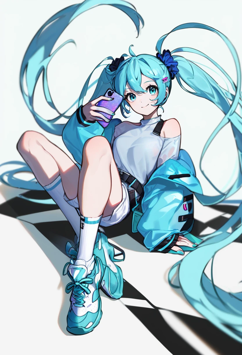 score_9, score_8_up, score_7_up, score_6_up, <lora:DPOXL:1> <lora:yoneyamaiXL_JS2_lokr_V12:1> 1girl, solo, hatsune miku, long hair, twintails, sitting, socks, jacket, shorts, looking at viewer, holding, very long hair, white background, shoes, aqua eyes, simple background, smile, aqua hair, belt, full body, white footwear, sneakers, white shorts, shirt, closed mouth, white socks, bangs, blue eyes, scrunchie, aqua nails, hair ornament, clothing cutout, off shoulder, phone