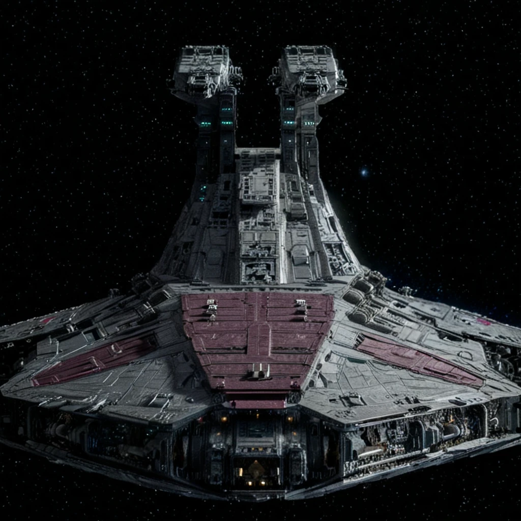 front of venator flying through space, metallic surface, realistic canon photograph, vignette and film grain, cinematic <lora:Venator v1.2:0.8>   <lora:xl_more_art-full_v1:0.3>    <lora:add-detail-xl:5>