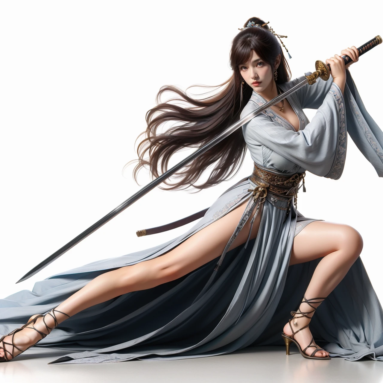 ((8k+ultra high resolution+ultra high definition+masterpiece+detailed)),(perfect face+supermodel+Delicate skin+perfect face+high ponytail+huge breasts),[[[muscle]]],(((Anatomically correct))) ,（Chinese woman in white dress flying in the air with sword in hand, flowing white robe,  flowing white dress）