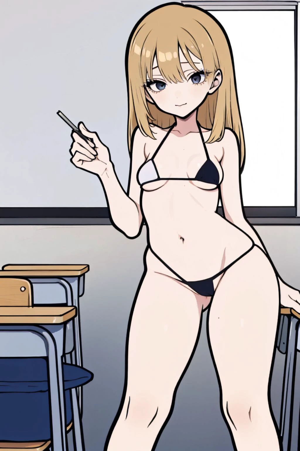 A young woman wearing a micro bikini,the likes of which would be banned by most schools. Her outfit leaves little to the imagination,and she seems to enjoy the attention she is getting from her classmates. BREAK school,students,classmates,attention,outfit,bikini,micro,skimpy,revealing,barely there,skin,flesh,curves,body,woman,girl,young,beautiful,temptation.,