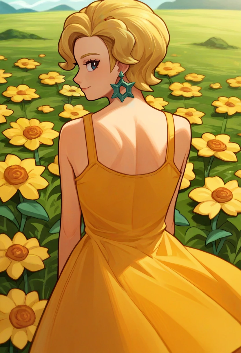 score_9, score_8_up, score_7_up, source_anime, from behind, solo, 1girl, pokemonbriar, slight smile, looking back, blonde hair, yellow sundress, earrings, flower field <lora:pokemon_briar_ponyXL:1>