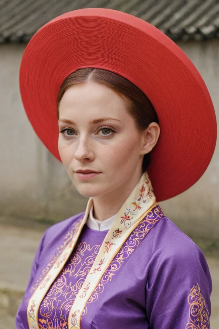 <lora:Vietnamese_disk_hat_XL:1> medium closeup, ginger woman, d1sk_h4t, purple ao dai, dress, red hat