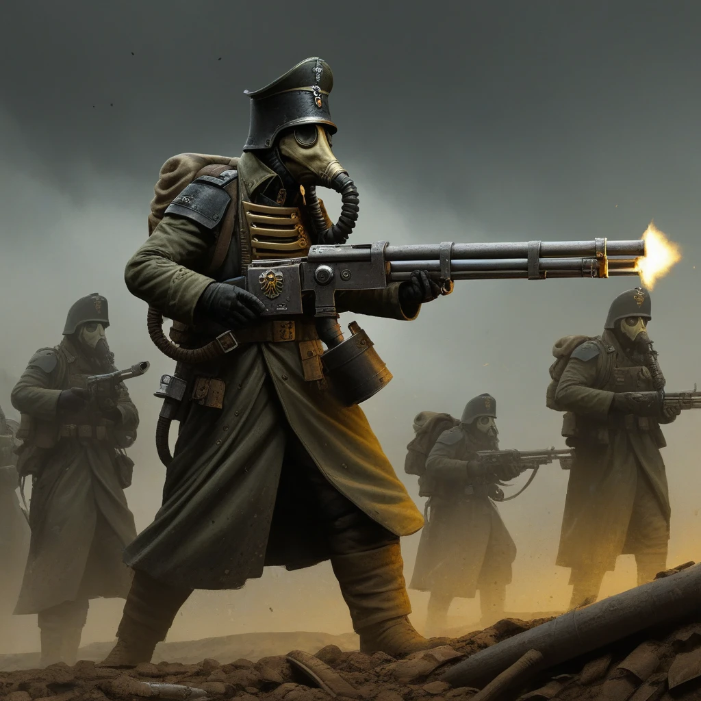 Highest Quality, painting of a Death Korps of Krieg Guardsman, gasmask, trench, warzone, shooting a lasgun, battlefield, dramatic, grimdark, flat colors, illustration, Warhammer 40k, concept art, extremely detailed,
 <lora:Death-Korps-000007:1>