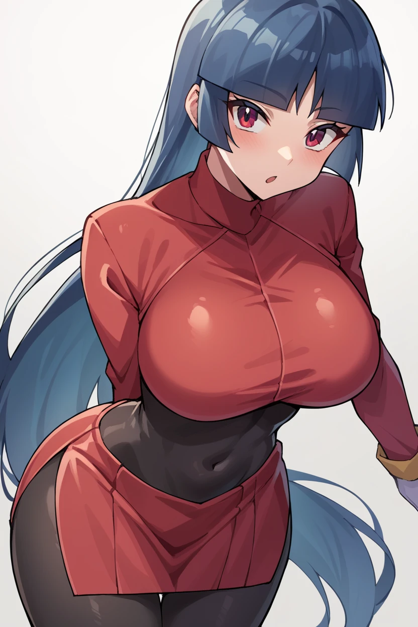 score_9, score_8_up, source_anime, 1girl, solo BREAK  <lora:sabrina-pdxl-nvwls-v1-000006:1> frlgsab, blunt bangs, very long hair, black bodysuit, red turtleneck, crop top, red sleeves, red skirt, white gloves, black pantyhose, (large breasts:0.7)