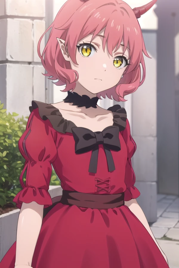 kemonohanako, <lora:kemono hanako s1-lora-nochekaiser:1>,
hanako, short hair, (yellow eyes:1.3), pink hair, horns,
BREAK dress, bow, tail, pantyhose, red dress, red footwear, bloomers, frills, collarbone, gemstone, juliet sleeves, puffy sleeves, choker,
BREAK outdoors, forest,
BREAK looking at viewer, (cowboy shot:1.5), dynamic pose,
BREAK <lyco:GoodHands-beta2:1>, (masterpiece:1.2), best quality, high resolution, unity 8k wallpaper, (illustration:0.8), (beautiful detailed eyes:1.6), extremely detailed face, perfect lighting, extremely detailed CG, (perfect hands, perfect anatomy),