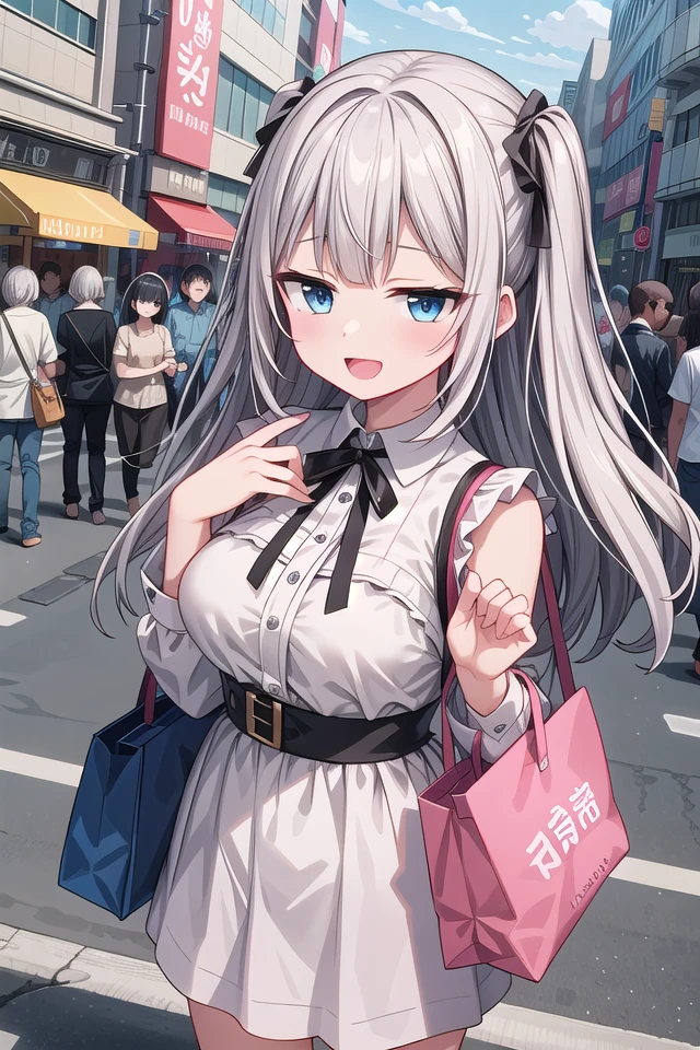 <lora:hotarueye_jitome18_v100:1>
insanely detailed, absurdres, ultra-highres, ultra-detailed, best quality,
1girl, solo, nice hands, perfect hands,
BREAK
(grab shoppinng bag, wearing plain clothes)
BREAK
happy smile, laugh, open mouth, standing,
from above,
cute pose, cowboy shot,
BREAK
slender, kawaii, perfect symmetrical face, ultra cute girl, ultra cute face, ultra detailed eyes, ultra detailed hair, ultra cute, ultra beautiful,
BREAK
in harajuku, shibuya, tokyo, street, crowd, cityscape,
BREAK
medium large breasts,
(grey hair, blue eyes), hime cut