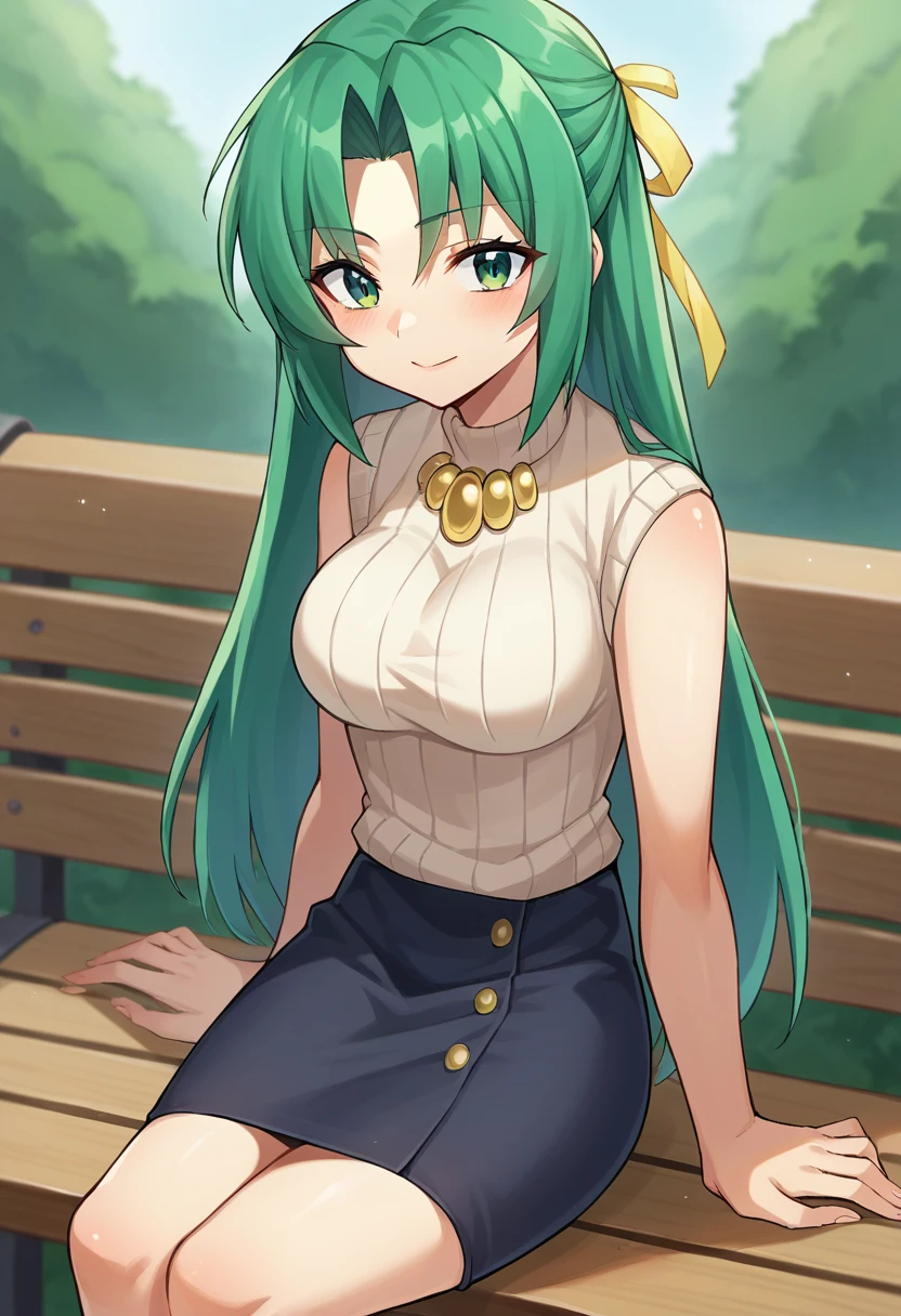 score_9, score_8_up, score_7_up, 1girl, solo, source_anime BREAK sonozaki shion, green hair, long hair, green eyes, yellow ribbon, turtleneck sweater, black skirt, yellow necklace, sitting on bench, <lora:SHionAdapt0.5 15-000010:1>