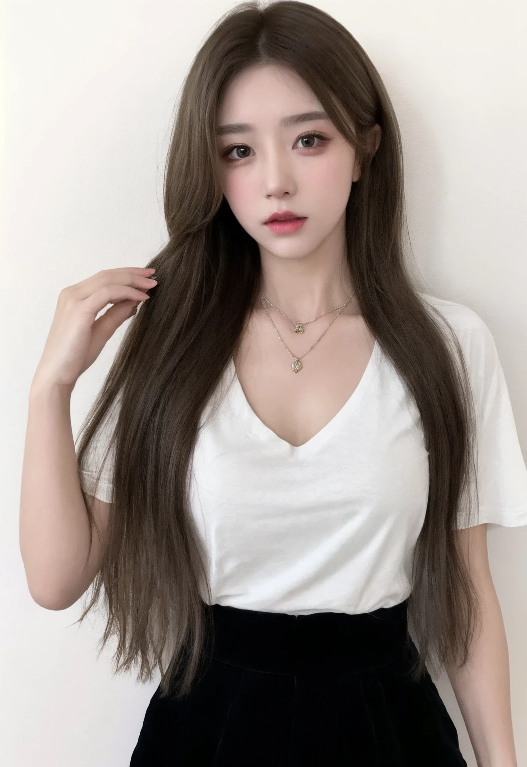 High quality realistic painting of Asian beauty, beautiful young girl with long hair wearing white shirt and jeans, gorgeous and beautiful young Korean woman, ulzzang style fashion model, black hair brown hair bangs style, charming long curly hair, people are fascinated.