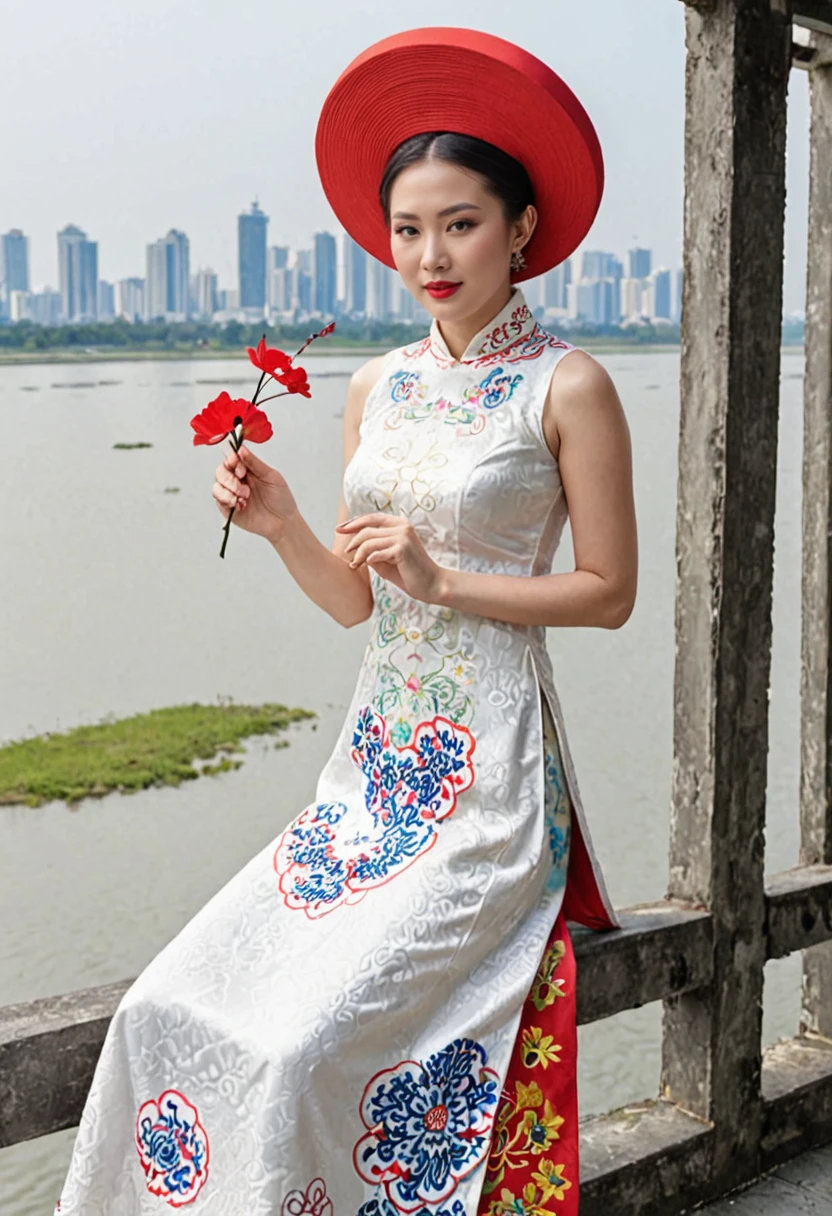 <lora:Vietnamese_disk_hat_XL:1> d1sk_h4t, a beautiful voluptuous woman in a white sleeveless qipao, red hat, holding a flower,  sitting on a balcony overlooking  the pearl river delta