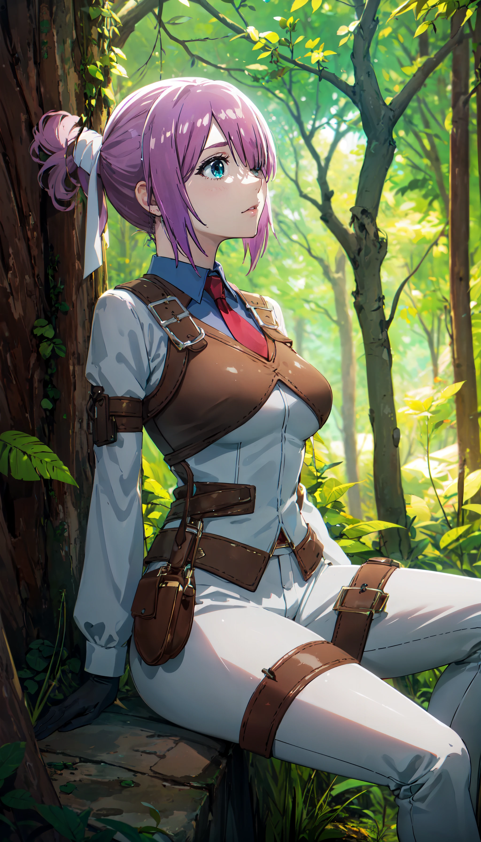 photorealistic, (4k), depth of field, (Masterpiece), (realistic skin texture), extremely detailed, intricate, hyper detailed, professional photography, bokeh, high resolution, sharp detail, best quality, girl, purple hair, hair covering one eye, aqua eyes, hair ribbons, tie, half vest, white outfit, white pants, armbands, black gloves, <lora:GoodHands-beta2:0.4>, <lora:detail_slider_v4:0.8> , dynamic pose, (sitting parallel to the camera, hand on knee), <lora:Laura Satii:0.8> , outdoors, forest, dense vegetation, shrubbery,