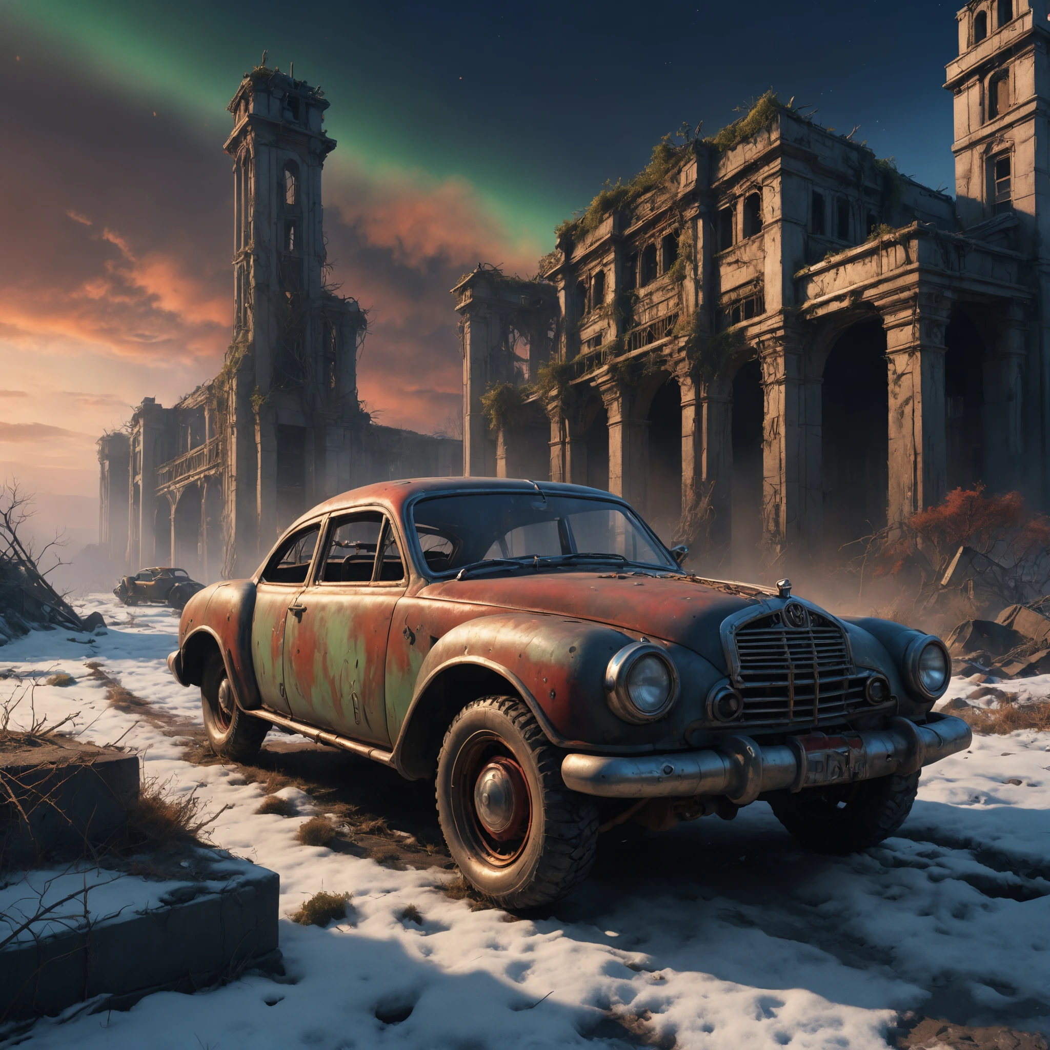 anime artwork destroyed gate, (epic post apocalyptic destroyes city overgrown ruins), detailed background, red eyes, close-up, amazing fine detail, RAW photo, Nikon D850 film stock photograph Kodak Portra 400 camera f1.6 lens, rich colors, lifelike texture, dramatic lighting, unreal engine, trending on ArtStation, cinestill 800 tungsten, ((new dawn on horizon)), (aurora borealis), ((dieselpunk:1.3)), ((dieselpunk car)), (woman laying on car) . anime style, key visual, vibrant, studio anime, highly detailed
