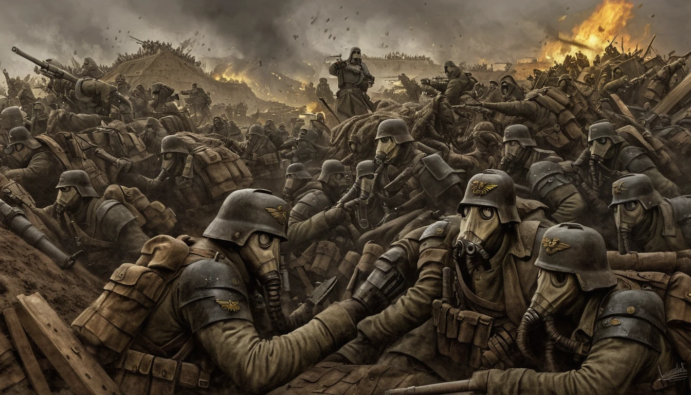 A digital painting of the Siege of Vraks. The painting depicts a large-scale battle between the Death Korps of Krieg and the forkes of Chaos. The Death Korps of Krieg are fighting from a series of trenches and bunkers, while the Chaos forkes are advancing across the open ground. The painting is full of detail, and the artist has captured the sense of the battle. The foreground is dominated by the Krieg trench line. The trenches are made of sandbags and barbed wire, and they are filled with Krieg soldiers. The soldiers are wearing gas masks and flak armor, and they are armed with a variety of weapons. The background of the painting is dominated by the Chaos forkes. The Chaos forkes are made up of a variety of units, including infantry, tanks, and artillery. The infantry are wearing a variety of armor, and they are armed with a variety of weapons. The tanks are large and heavily armored, and they are armed with powerful guns. The artillery is positioned behind the infantry and tanks, and it is used to provide support fire. The painting is full of action and excitement, and it captures the sense of the battle. By Vukasin Ivkovic.
 <lora:Death-Korps-000007:1>