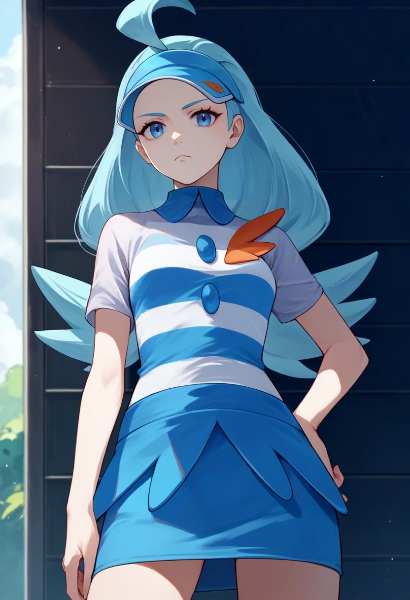 score_9, score_8_up, score_7_up, source_anime, solo, 1girl, pokemonkahili, expressionless, looking at viewer, hand on hip, ahoge, visor cap, striped shirt, blue skirt <lora:pokemon_kahili_ponyXL:1>