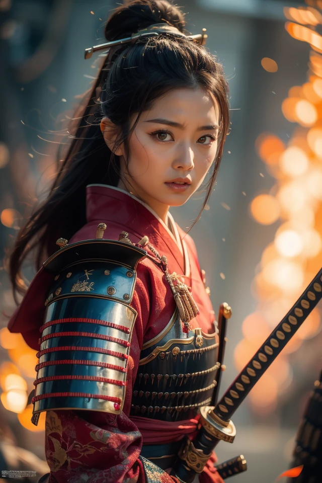 Akira Kurosawa's cinematic style poster,A 28-year-old girl,full body shoot,embodying the spirit of a Samurai from the Warring States Period in Japan. Brightly colored,with a backdrop of war,She wears traditional samurai armor adorned with intricate details,holding a katana with determination,The falling smoke of gunpowder,symbolizing the beauty amidst conflict,Detailed,historical,and with a touch of elegance,cinematic,detailed,style dominated by red,minimalist composition shimmer,edge ligh,
best quality,masterpiece,an extremely delicate and beautiful,CG,unity,8k wallpaper,Amazing,finely detail,masterpiece,official art,extremely detailed CG unity 8k wallpaper,incredibly absurdres,huge filesize,ultra-detailed,highres,extremely detailed,<lora:Samurai_20240302050726:0.8>,