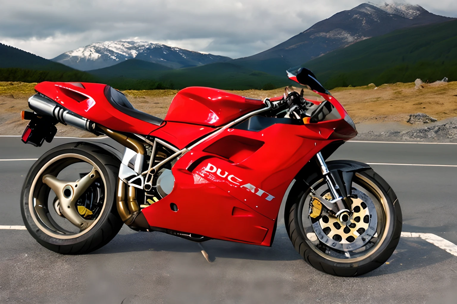 Photo of a red ducati916 parked on a curvy road in the mountains <lora:Ducati_916_by_IMAK:.8>