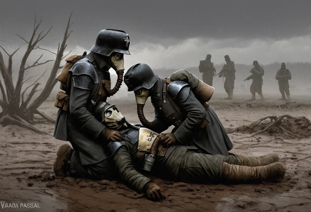 A digital painting of a Death Korps of Krieg soldier holding a wounded comrade in his arms. The soldier is wearing a black gas mask and a black uniform. He is kneeling in the mud and holding the wounded soldier in his arms. The wounded soldier is wearing a similar uniform and is also wearing a gas mask. He has a bloody bandage wrapped around his head and is unconscious. The background is a bleak and barren landscape with dead trees and a dark, cloudy sky with heavy rain. By Váradi Paszkál.
 <lora:Death-Korps-000007:1>