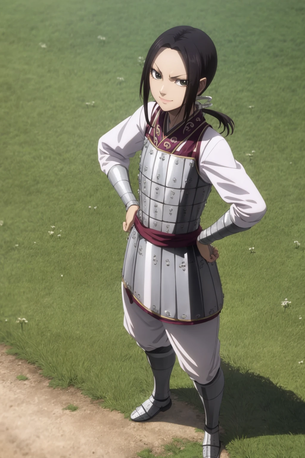 masterpiece, best quality,
1girl, kaine, black hair, low ponytail, black eyes, long sleeves, armor, japanese clothes, boots,
smile, hands on hips, full body, looking at viewer, solo, upper body, grass, blue sky, meadowbackground <lora:Kaine:1>