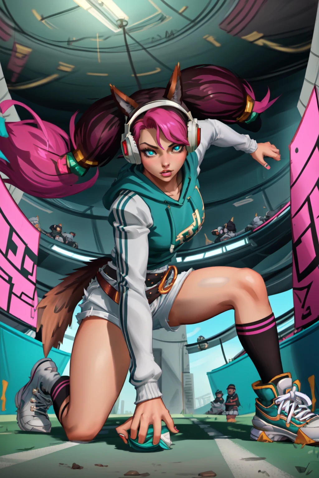 MaeveStreet, 1girl, solo, long hair, animal ear headphones, (low-tied sidelocks), blue eyes, tail, pink hair, full body, shorts, shoes, twintails, belt, socks,  hood, lips, black undershirt, fake animal ears, hoodie, headphones, sneakers, glowing eyes, two-tone hair, grey shorts, short shorts,
(football field, high school bleachers),  <lora:MaeveStreet:0.8>