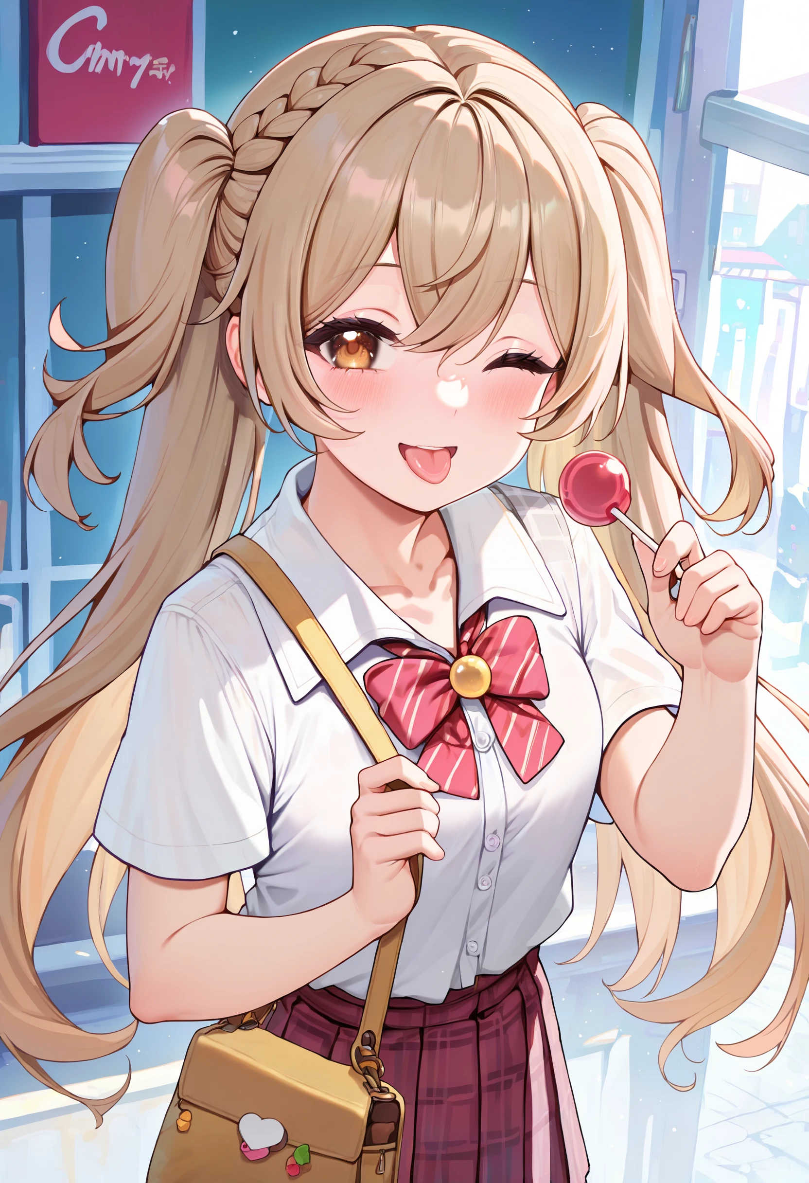 score_9,score_8_up,score_7_up,<lora:PDFA_Style5118164398:1>,1girl,solo,blush,smile,looking at viewer,light brown hair,, ;d, animal, bag, blonde hair, blunt bangs, braid, brown eyes, candy, chocolate, collarbone, food, hair between eyes, hair ornament, heart, heart in eye, holding, holding candy, holding food, holding lollipop, lollipop, long hair, one eye closed, open mouth, plaid, plaid skirt, pleated skirt, red skirt, sidelocks, short sleeves, side braid, skirt, striped, striped bow, striped bowtie, symbol in eye, tongue, tongue out, twintails, very long hair