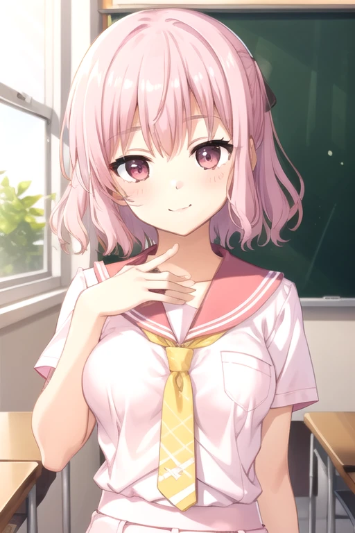 ((masterpiece)),(best quality),official art,extremely detailed CG,unity 8k wallpaper,ultra detailed,beautiful detailed eyes,extremely detailed face,classroom,1girl,solo,upper body,(portrait:1.5),looking at viewer,facing viewer,smile,
Tokiwa Mahiro,short hair,pink hair,hair ribbon,bangs,pink eyes,pink serafuku,pink sailor collar,yellow necktie,short sleeves,medium breasts,miniskirt,pink skirt,pleated skirt,black socks,loafers,<lora:Tokiwa Mahiro(trlu):0.7>,