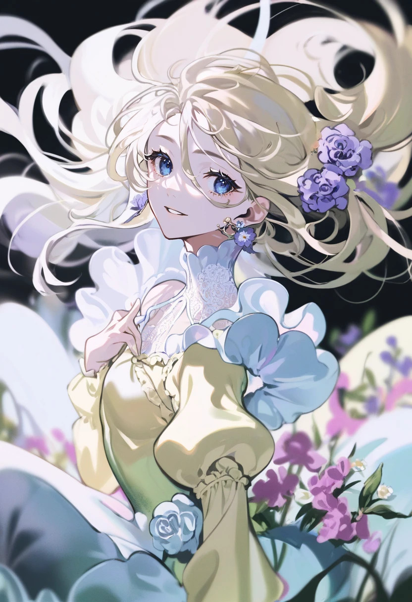 score_9, score_8_up, score_7_up, score_6_up, <lora:DPOXL:1> <lora:yoneyamaiXL_JS2_lokr_V12:1> 1girl, solo, flower, yellow dress, blue eyes, long hair, dress, smile, long sleeves, purple flower, jewelry, earrings, black background, parted lips, white flower, very long hair, pink flower, frills, wide sleeves, blonde hair, floating hair, looking at viewer, blurry, mermaid, puffy sleeves, hair between eyes