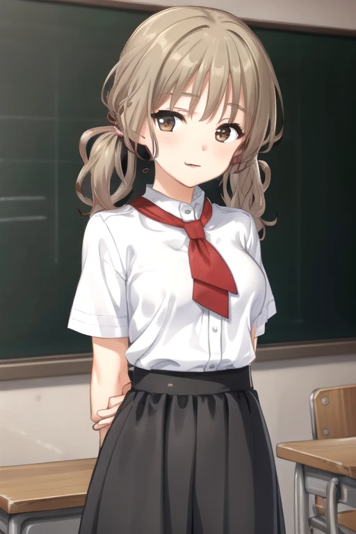 kurokoshirai, kuroko shirai, brown hair, long hair, (parted bangs:1.5), (brown eyes:1.7), ringlets, twintails, hair bow, bow, red bow, (small breasts:1.2),
BREAK armband, black skirt, collared shirt, dress shirt, pleated skirt, safety pin, school uniform, shirt, short sleeves, skirt, summer uniform, sweater vest, tokiwadai school uniform, twintails, white shirt, (brown sweater vest:1.5),
BREAK looking at viewer, upper body, 
BREAK indoors, classroom,
BREAK (masterpiece:1.2), best quality, high resolution, unity 8k wallpaper, (illustration:0.8), (beautiful detailed eyes:1.6), extremely detailed face, perfect lighting, extremely detailed CG, (perfect hands, perfect anatomy),(white panties:1.5), (skrit lift:1.5), standing, small breasts, (short, tiny, little:1.5), blush, embarrassed,from below, cowboy shot, dutch angle