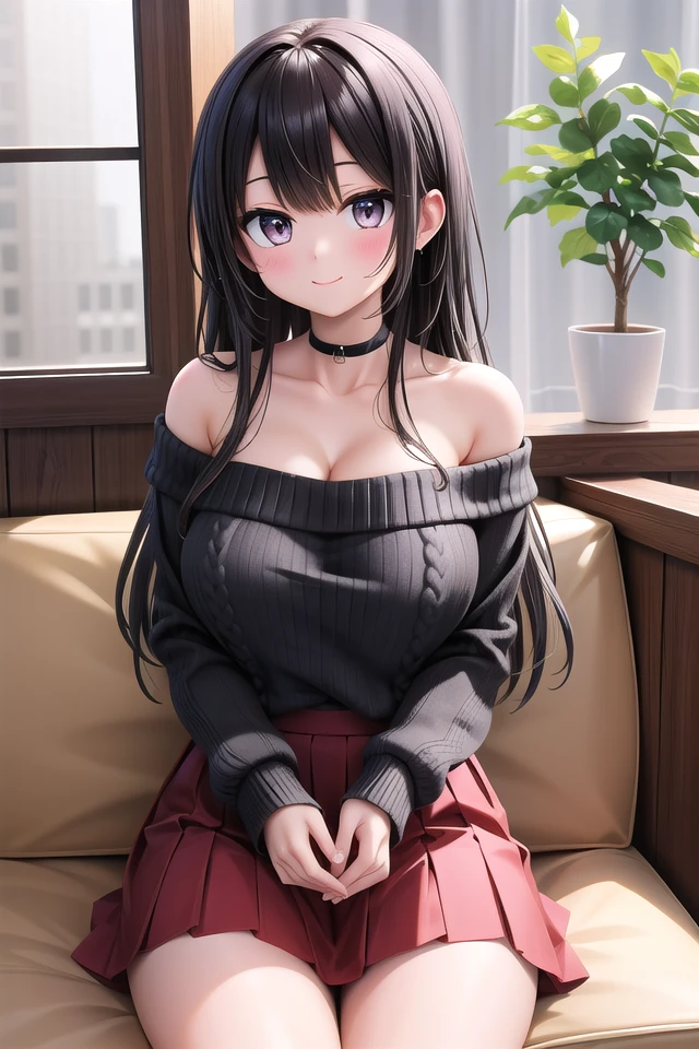 insanely detailed, absurdres, ultra-highres, ultra-detailed, best quality,
1 girl, solo, nice hands, perfect hands,
BREAK
wearing sweater, off shoulder sweater, one piece sweater, sweater with long sleeves, bare shoulder, collarbone, red skirt
BREAK
happy smile, laugh, closed mouth,
sitting,
45 angle, cowboy shot, looking at viewer
BREAK
slender, kawaii, perfect symmetrical face, ultra cute girl, ultra cute face, ultra detailed eyes, ultra detailed hair, ultra cute, ultra beautiful,
BREAK
indoors, in coffee shop
BREAK
large breasts, black hair, long hair, black eyes