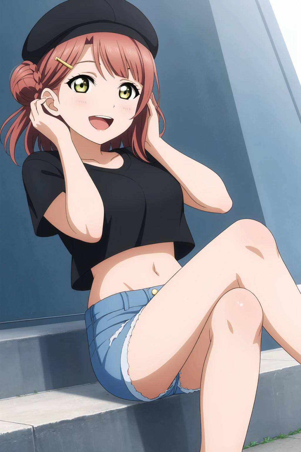1girl, ayumu uehara, pink hair, hair ornament, yellow eyes, single side bun, <lora:AyumuaUehara_Mistoon_Locon_CulturedDiffusion:0.5>
denim shorts, short shorts, midriff, black cap, black shirt, street, alley,
smile, open mouth, hands behind head, crossed legs,
masterpiece, best quality, highres, absurdres