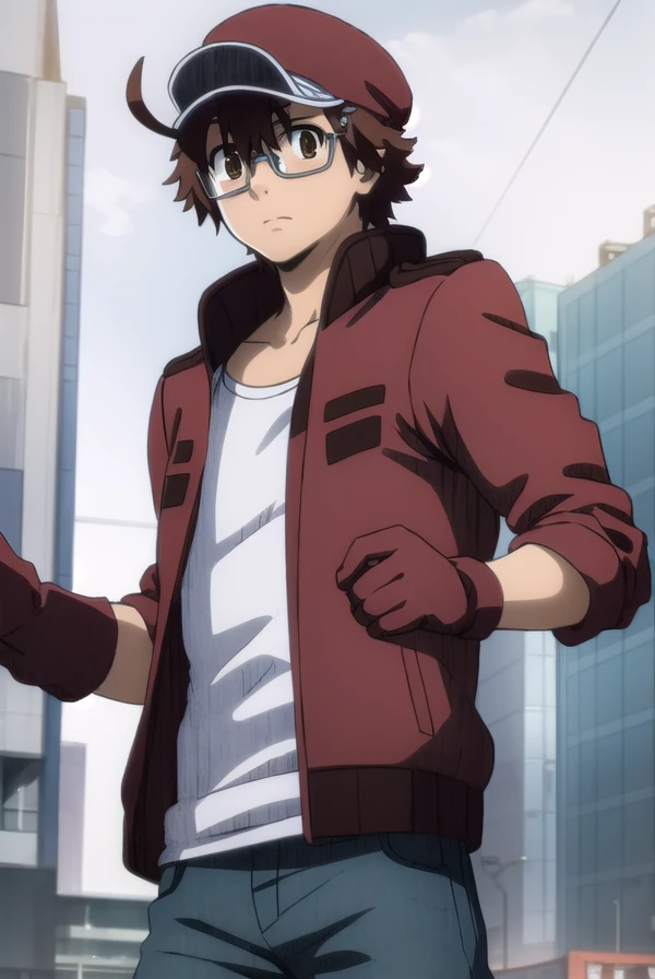 redbloodcellAA2153, <lora:red blood cell AA2153 s1-lora-nochekaiser:1>,
red blood cell AA2153, brown hair, (brown eyes:1.5), male focus, glasses, ahoge,
BREAK shirt, gloves, hat, jacket, pants, white gloves, red headwear, red jacket,
BREAK outdoors,
BREAK looking at viewer, (cowboy shot:1.5), dynamic pose,
BREAK <lyco:GoodHands-beta2:1>, (masterpiece:1.2), best quality, high resolution, unity 8k wallpaper, (illustration:0.8), (beautiful detailed eyes:1.6), extremely detailed face, perfect lighting, extremely detailed CG, (perfect hands, perfect anatomy),