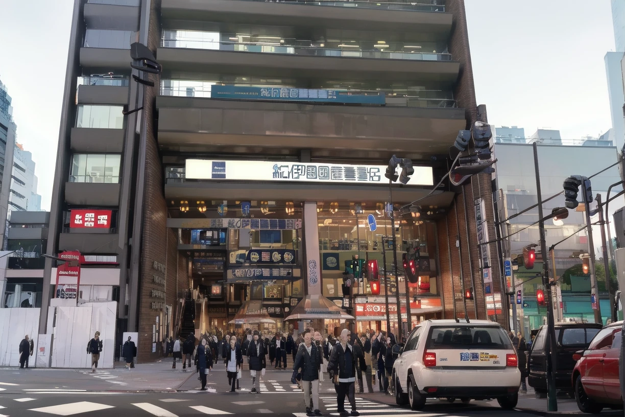 best quality, ultra high res,
kinokuniya, storefront, real world location, scenery, street, city, road, lamppost, building, motor vehicle, crosswalk, sky, sign, car, 6+boys, day, traffic light, people, chinese text, blue sky, cityscape, multiple boys, outdoors, night, neon lights, city lights, cityscape, 
, cinematic, emotional, harmonious, vignette, highly detailed, high budget, bokeh, cinemascope, moody, epic, gorgeous, film grain, grainy,
 <lora:kinokuniya_shinjuku_SD15_V2:1>