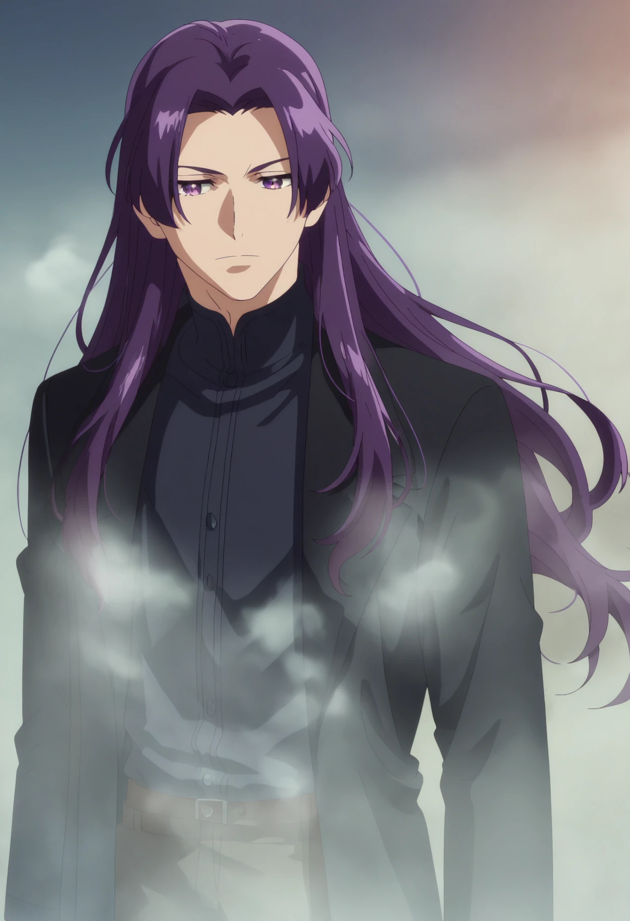 jinshi, 1boy, solo, bishounen, long hair, purple hair, purple eyes, parted bangs, (black suit), male focus, arm support, steam, fog, BREAK
<lora:maomao_and_jinshi_ponyxl_v4:1>, score_9, score_8_up, score_7_up, score_6_up, anime, screencap