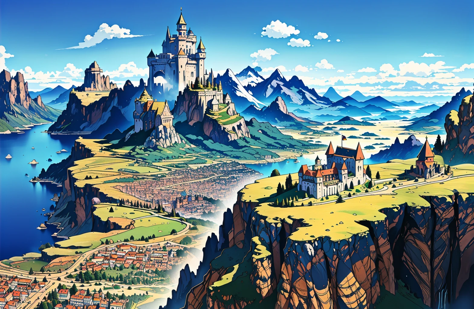 (fantasy city),castle in city, outside, montains, blue sky, colorful, dynamic angle, highest detailed),