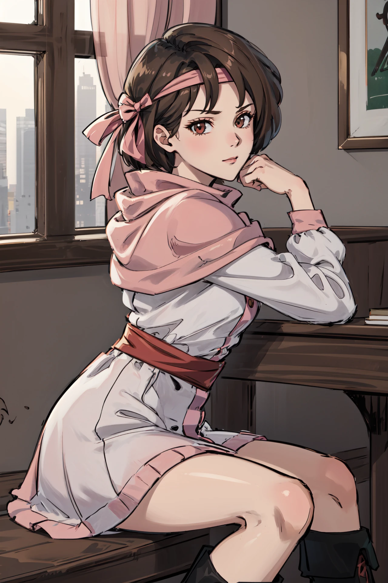 from side,sitting with her back arched,disgust,<lora:jeanneV1-1:0.85>,jeanne,closed mouth,boots,dress, looking at viewer, long sleeves, sash, pink scarf, capelet,indoors,(masterpiece, best quality, ultra-detailed, best shadow)
