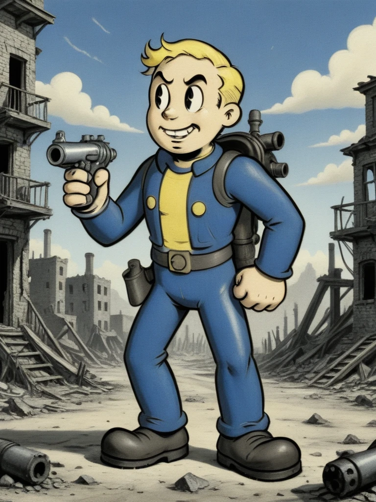 old cartoon illustration, fallout, vaultboy <lora:A_RubberHose_Character_v2_SDXL:1> rubber_hose_character, city ruins background, gun
<lora:A_GraphiteCharcoal_Style:1> graphite_charcoal