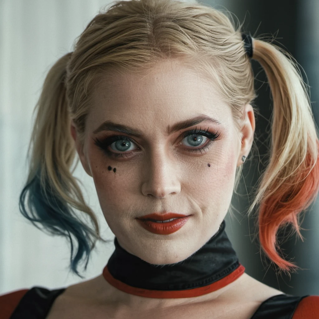 High res closeup portrait photo of an actress dressed as Harley Quinn, f /2.8, Canon, 85mm,cinematic, high quality, skin texture, looking at the camera, <lora:amadams_xl_1_standard_merger_35_63_03_07:1>