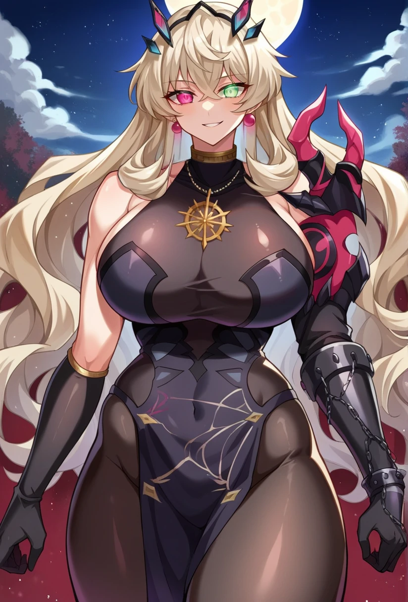 score_9, score_8_up, score_7_up, source_anime BREAK 1girl, solo, looking at viewer, cowboy shot, <lora:Barghest_Sdxl-11:0.9>, Barghest_SecondAsc, platinum blonde hair, wavy hair, sidelocks, crossed bangs, very long hair, heterochromia, glowing eyes, black dress, collar, necklace, jewelry, earrings, sleeveless dress, pelvic curtain, black pantyhose, single gauntlet, single pauldron, shoulder spikes, elbow gloves, black gloves, uneven gloves, thick thighs, huge breasts, outdoors starry sky, medieval, evil smile, night, moon, moonlight, heart hands